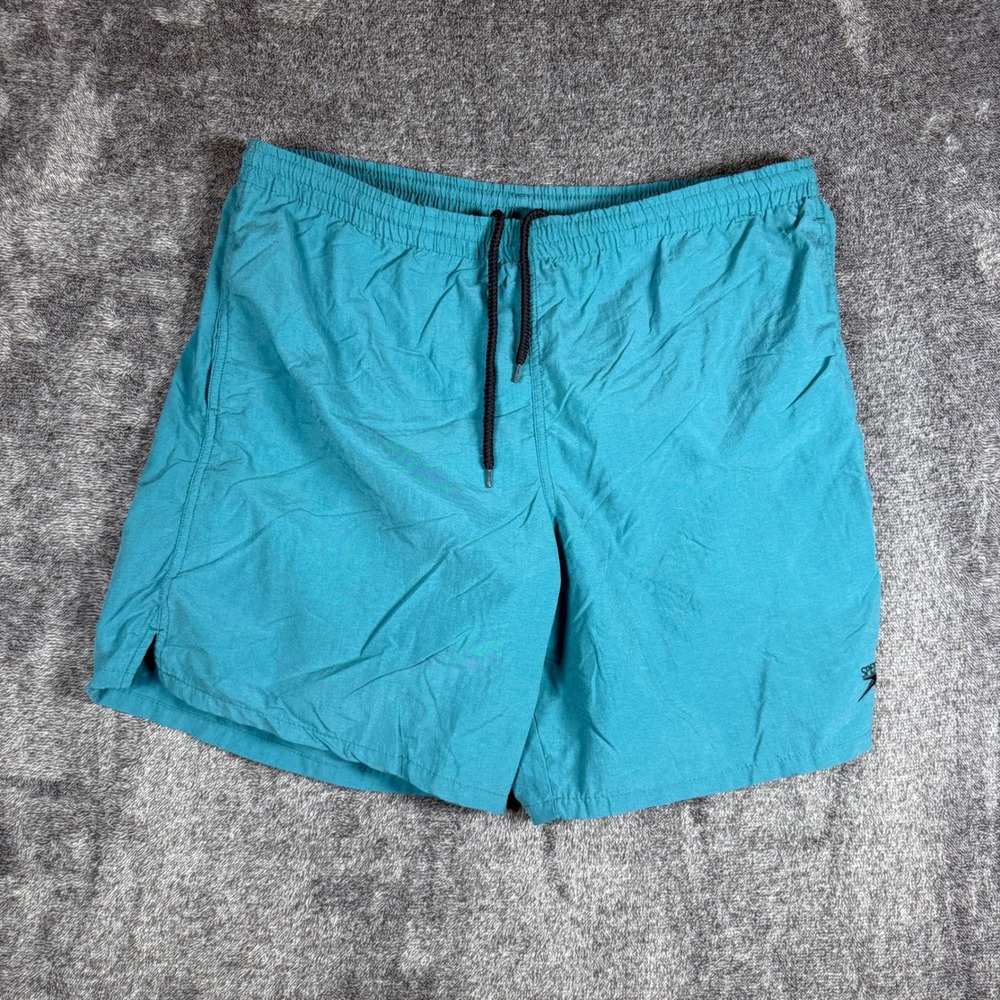 Speedo Mens Teal Swim Trunks Graphic Logo Mesh Lined Board Shorts 34 Waist